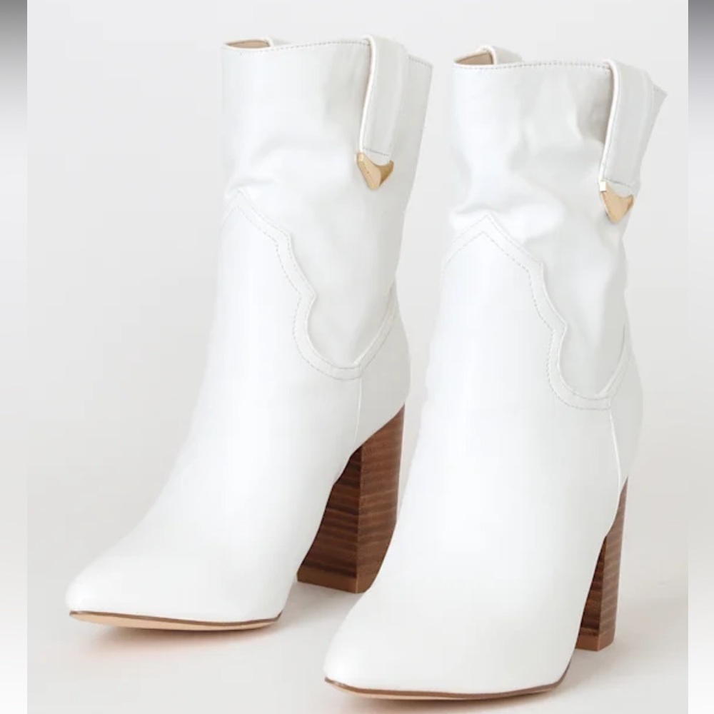 White Block Heel Ankle Booties - Picture 2 of 8